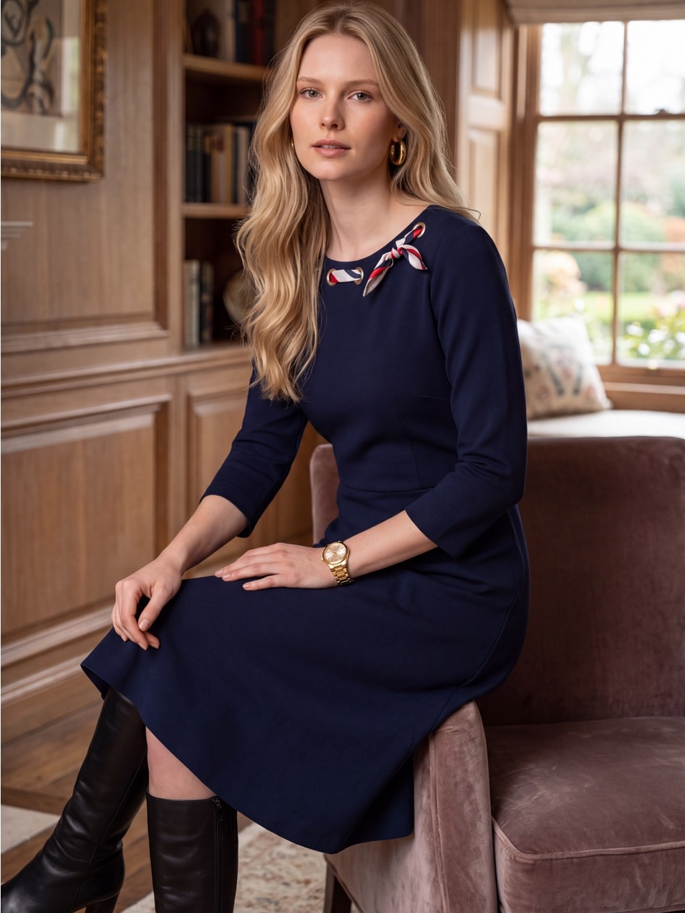 Talbots Ponte Fit & Flare Navy Dress 3/4 Sleeve Jewel neckline Gold Grommets